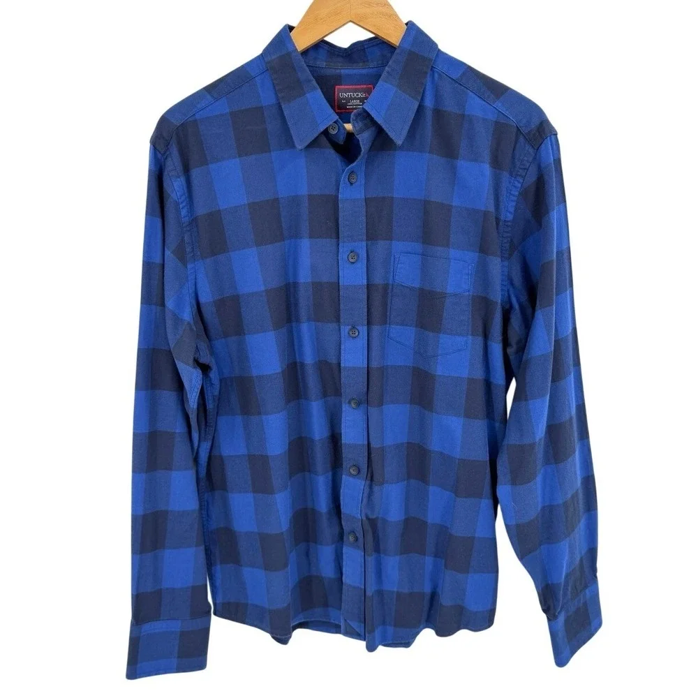 UNTUCKit Mens Large Buffalo Plaid Flannel Button Down Shirt Long Sleeve Blue - Picture 2 of 7